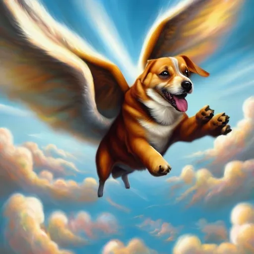 Prompt: Impossible dog flies into heaven classic oil paint style 
