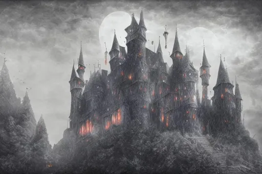 Prompt: Hyperrealistic haunted ghostly eerie foggy Moonlight haunted fortress 