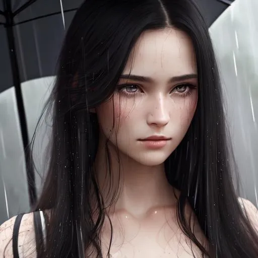 Prompt: masterpiece, best quality, Portrait of a beautiful woman, tears, long hair, black hair, rain, 8K, HDR, photorealistic, high detailed skin