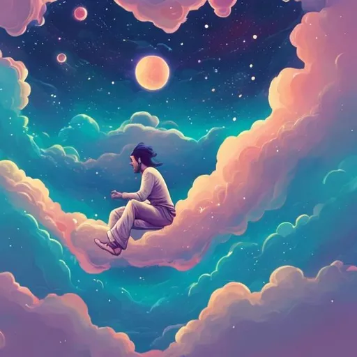 Prompt: a guy floating endlessly in the beautiful universe in it's dying moments 