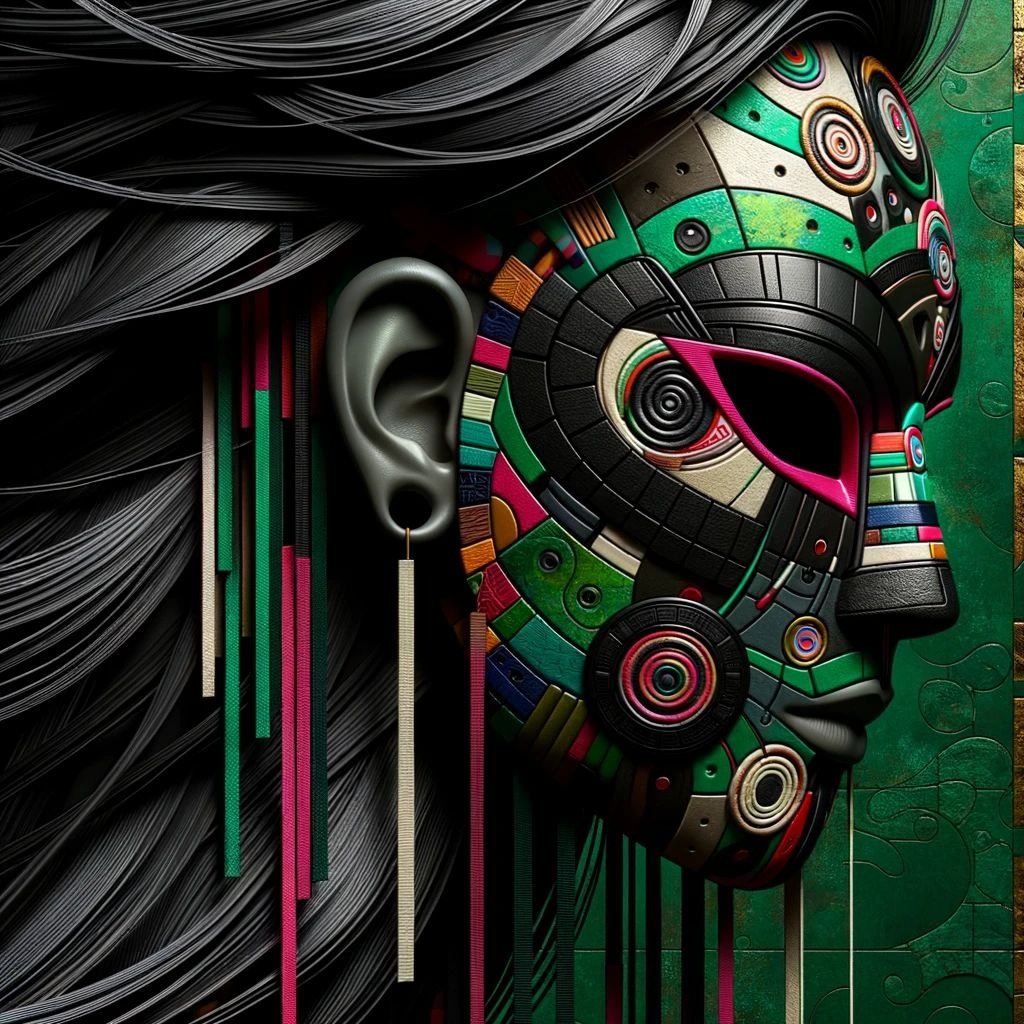 Prompt: Close-up digital painting of a figure wearing a black hair mask, blending the aesthetics of Aztec motifs and colorfully abstracted facial elements, on a deep green backdrop with kintsukuroi-inspired touches.