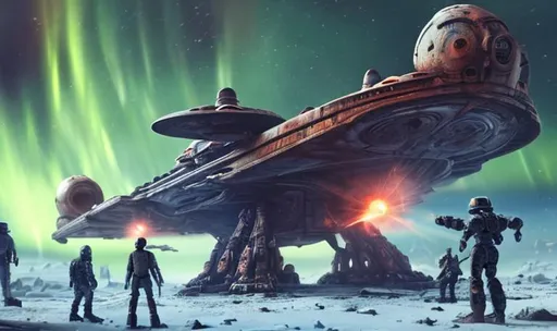 Prompt: huge old rusty spaceship getting repaired  by robots ice planet sparks fire welding people working aurora many colours   guard drinking milk enhance detail turret on spaceship real soldier thin landing gears symmetrical ship laser warzone dead body's on ground ships exploding in sky thicker spaceship