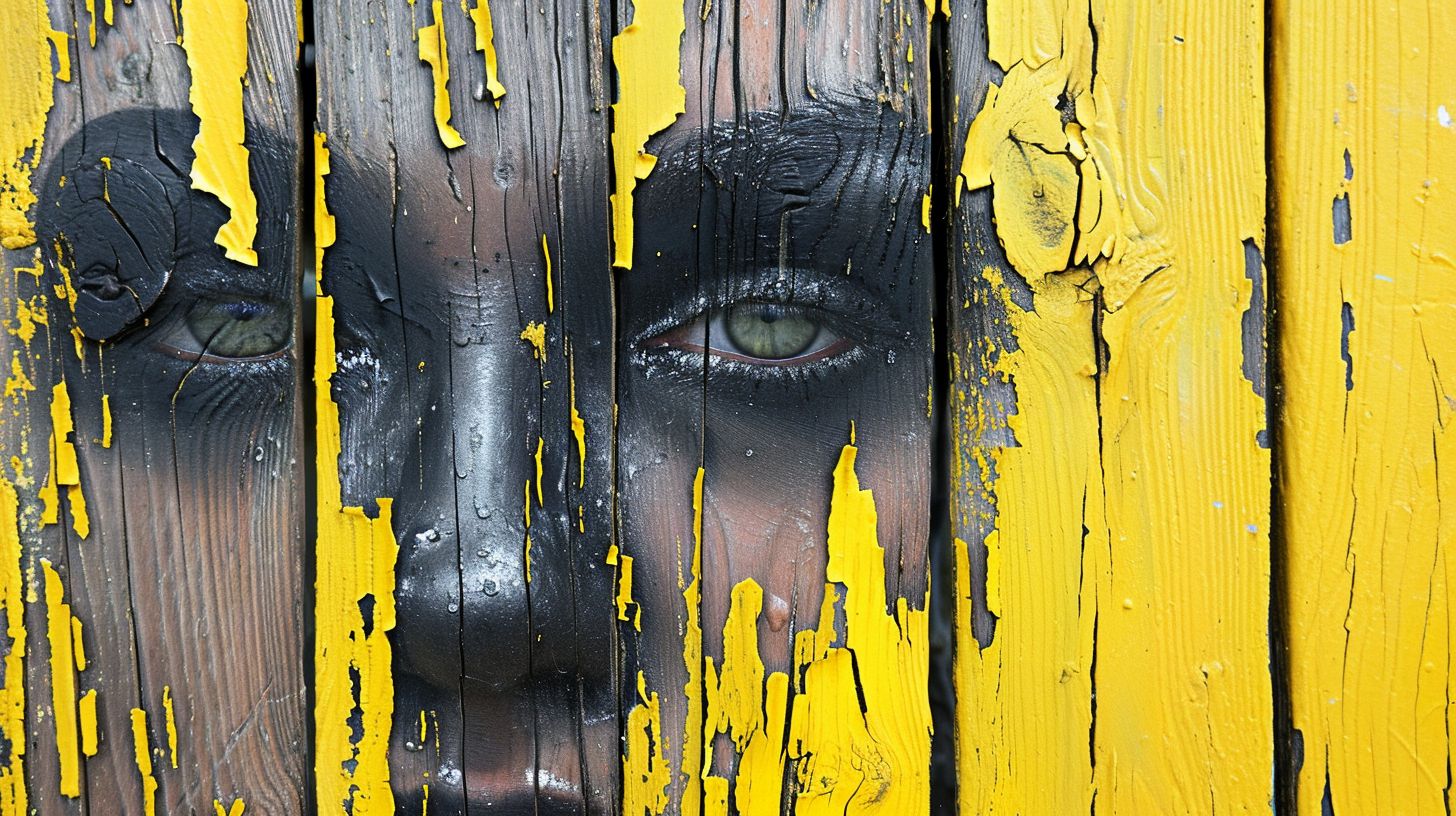 Prompt: black wooden texture face emerge from the yellow paint