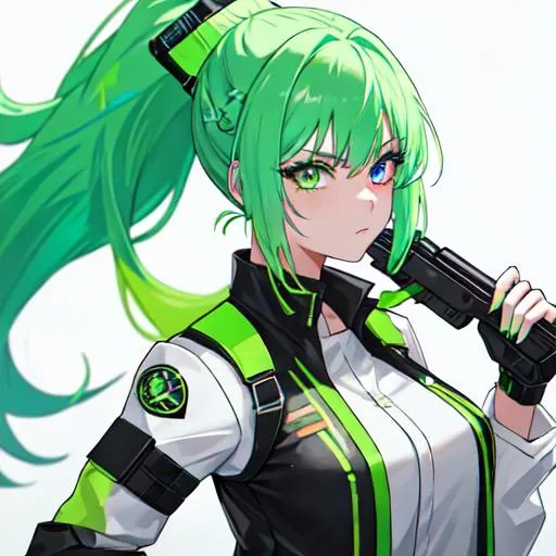 Prompt: She has a long, distinctive neon-green that fades to neon-blue hair in a ponytail, heterochromia eyes, wearing a western bounty hunter uniform, with a gun in her hand
