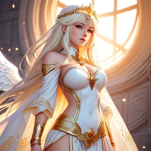 Prompt: Young goddess of time, european, time, sand, God, angelic might, powerful, white clothing, beautiful, spicy, full body, blonde white hair, anime character,  detailed,  vibrant,  anime face,  sharp focus,  character design,  wlop,  artgerm,  kuvshinov,  character design,  unreal engine