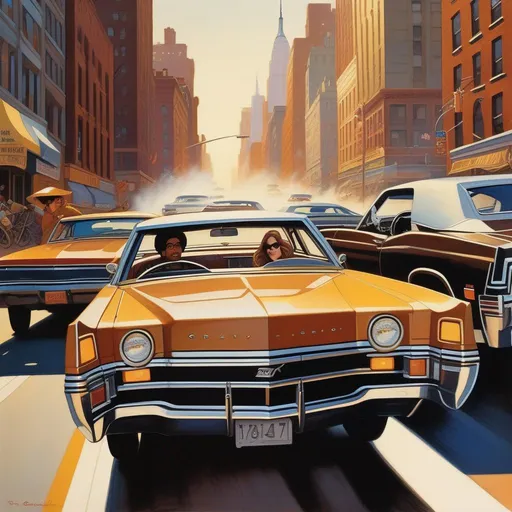 Prompt: 1970s, New York City, car chase, sunny weather, warm atmosphere, cartoony style, extremely detailed painting by Greg Rutkowski and by Henry Justice Ford and by Steve Henderson