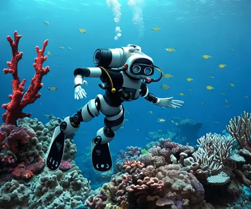 Prompt: A humanoid robot scuba diving at a coral reef