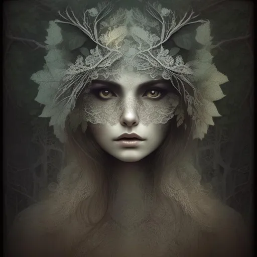 Prompt: "owl face woman, forest, white lace, black leaves, flowers, white background, intricate, detailed, christian schloe"