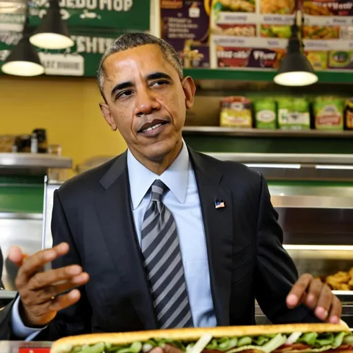 Prompt: President Barack Obama sitting in a deli eating a large footlong sub sandwich wearing a suit