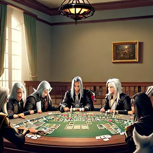 Prompt: Sephiroth from Final Fantasy and his army of dogs playing poker together