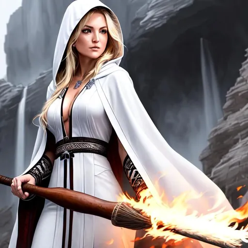 Prompt: Kate Hudson, 20 years old holding large wooden staff, wearing hooded, white tribal tactical robe, parted bangs, large scar on cheeks, blonde hair, brown eyes, ethereal, jewelry set balayage wild hair, royal vibe, highly detailed, digital painting, Trending on artstation , HD quality, tan skin, Big Eyes,artgerm, by Ilya Kuvshinov 