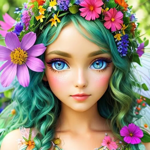 Prompt: Fairy goddess of summer, vivid colors,large eyes, warm coiors, wildflowers, closeup