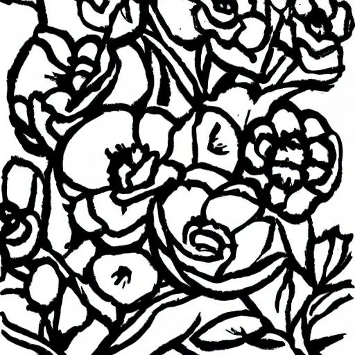 Prompt: black and white line drawing of flowers in a vase with blue background 