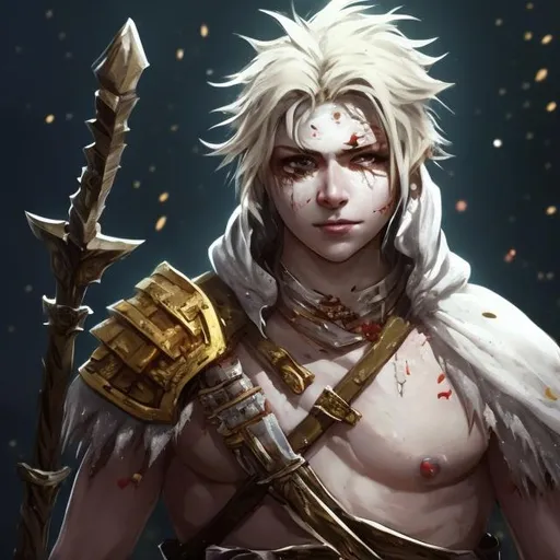 Prompt: cute young man gold,  very white scarred skin, covered in bandages, gold tattered cloth armor exposes his midriff, hood of magical mask like,  large gold gem between pecs in chest, Barbarian, Strong, wielding large two-handed great-axe, Fantasy setting, 20,