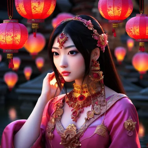 Prompt: HD 4k 3D professional modeling photo hyper realistic beautiful enchanting japanese woman dark hair pale skin dark eyes gorgeous face traditional pink dress and jewelry magical temple at night landscape lanterns hd background ethereal mystical mysterious beauty full body