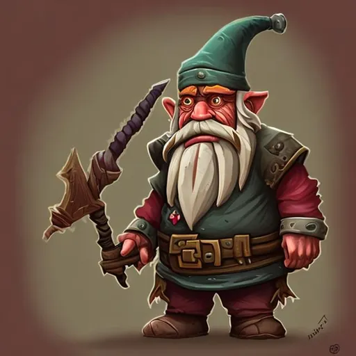 Prompt: A deep gnome who is a blood hunter and swindler. He has a rough beard, worn hat, and adventure items. He is ugly in a funny way.
