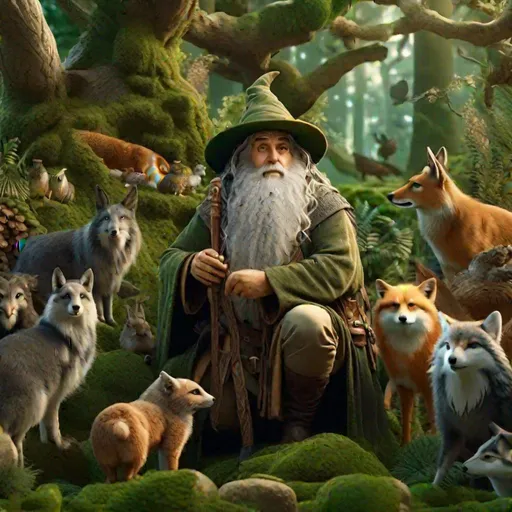 Prompt: realistic photo of magnificent Radagast, surrounded by animals, green woods, 4k, highly detailed, intricate details, 