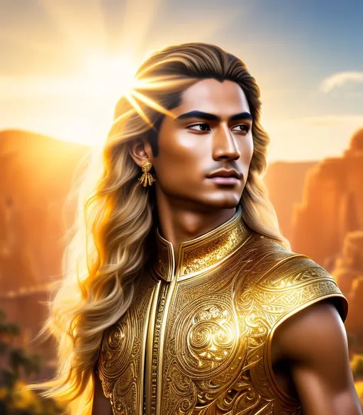 Prompt: Photorealistic digital painting of a stunningly elegant young male Sun God with a Mediterranean skin tone dressed in a golden low-cut tunic with long blonde hair adorned with sunlight. Background is the rays of bright sunlight over a blue background. fantasy artwork, realistic shaded, fine details, artgerm, ultra realistic, HDR, highly detailed, fine facial features, ultra realistic and detailed face, D&D, smooth, sharp focus, intricate, magical, fantasy, elegant, concept art. Ethereal and otherworldly. Spiritual. Dreamlike. realistic hair.