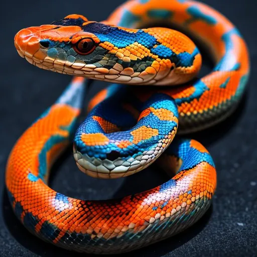 Prompt: Orange and blue snake eating its tail on a black background