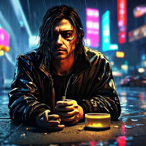 Prompt: cyberpunk drug user lying on the street corner under a flickering light, staring up into the rain.