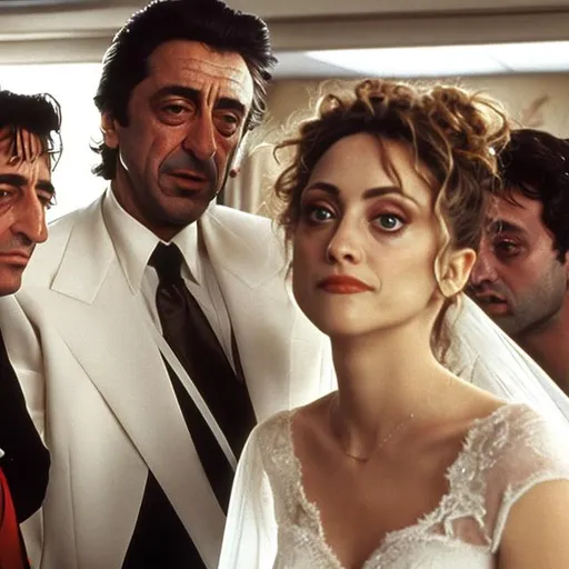 Prompt: al pacino as a 30 year old man in the year 2250 with robert de niro as his right hand man in his wedding with brittany murphy as a wife