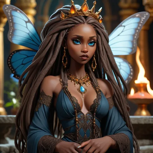 Prompt: Valkirie a very attractive African woman with long jeweled dreadlocks hanging down She has big almond shape marble brown eyes. She is tall and has an attractive build with lots of curves . Her skin is a rich chocolate brown. She has full lips. Her outfit is a goth fairy aesthetic. She had beautiful blue wings that are a cross between a butterfly and angel.  She is in a dimly lit temple meditating and burning incense , mythical  battle background,  elemental goddess, crown , sage in her hands,   the orbes of elements of fire, earth, air and water surround her. black beautifull gown of lace, atmospheric lighting