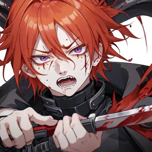 Prompt: Erikku male adult (short ginger hair, freckles, right eye blue left eye purple) UHD, 8K, Highly detailed, insane detail, best quality, high quality, covered in blood, covering his face with his hand, wide eyes, insane, fear, threatening, laughing, angry, fighting, psychopathic, anime style, pointing a knife at the viewer