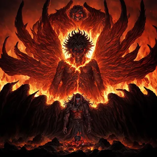 Prompt: Dark ancient god waking from long slumber in a post Apokalyptical burning world one step away from the entrance to the Purgatory, surrounded by Suffering tormented souls and sinister creatures,sinner,underworld,undead,evil,hell,devil,darkness,Takeshi Oda,