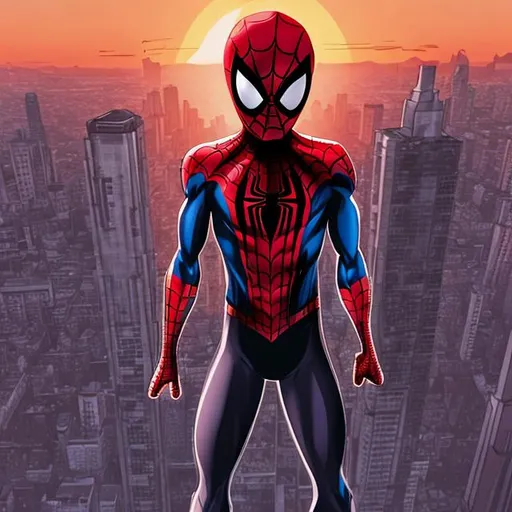 Prompt: Spider-Man Standing On top of a Building Sunset Facing Backwards with His Red and Black with White Lenses Mask on Anime Style
