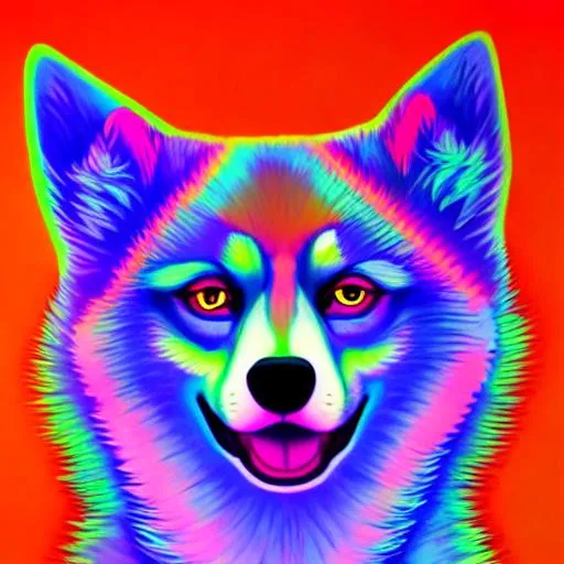 Prompt: Hypnotic illustration of pomsky, hypnotic psychedelic art, pop surrealism, dark glow neon paint, mystical, Behance