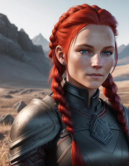 Prompt: (((Digital art))) Woman viking, subtle smile, red hair, cornrow braids, blue eyes, black gear, black armor, unreal engine, 8k octane, 3d lighting, full body, full armor