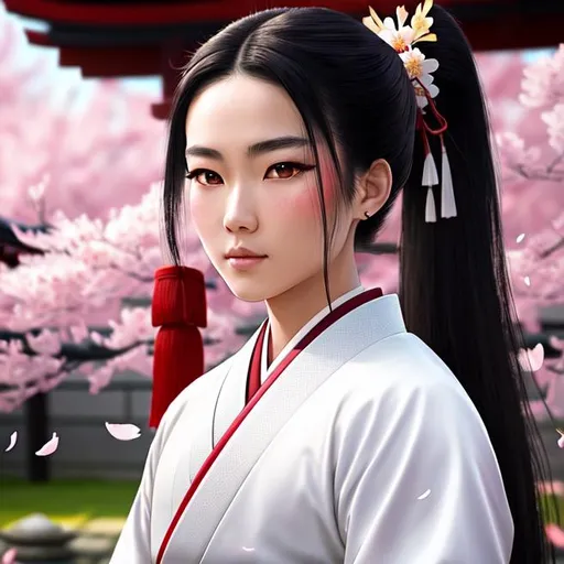 Prompt: Young Samurai with long black hair and ponytail, wearing samurai armor, standing in a Japanese temple, cherry blossom petals falling, illuminated lanterns, glowing sunrise, tranquil lighting, ethereal lighting, delicate shadows, ((beautiful detailed eyes, symmetrical eyes), dramatic lighting, (photorealism:1.5), (photorealistic:1.4), (8k, RAW photo, masterpiece), High detail RAW color photo, a professional photo, realistic, (highest quality), (best shadow), (best illustration), ultra high resolution, highly detailed CG unified 8K wallpapers, physics-based rendering, photo, realistic, realism, high contrast, hyperrealism, photography, f1.6 lens, rich colors, hyper-realistic lifelike texture, cinestill 800)