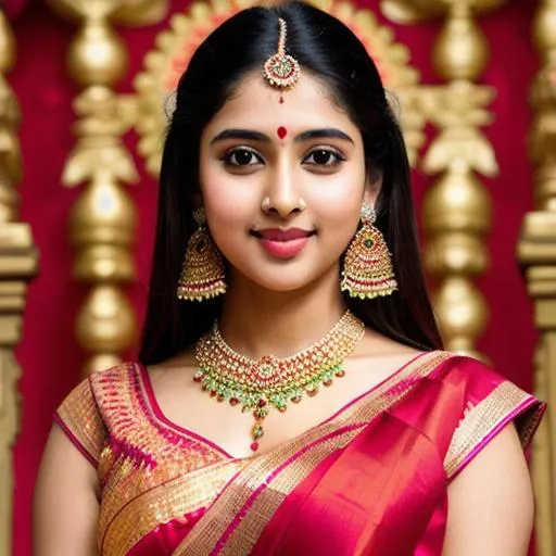 Prompt: Indian temple background, Radha, young  female,  full height, childish & candid look, beautiful face, attention to details, pretty depth eyes, heart shape lips, reddish cheeks, beautiful necklace & ear rings ,ultra-detailed, highest detail quality,cute facial expressions, intricate design and details, full length body shot,saree,ultra-detailed, highest detail quality, ultra-realistic, photography lighting,   photorealistic, cinematic, movie quality rendering, octane rendering, focused, emotional, epic dramatic lighting, 32k UHD resolution --ar 9:16 --quality 2  --s 750 --v 5.1