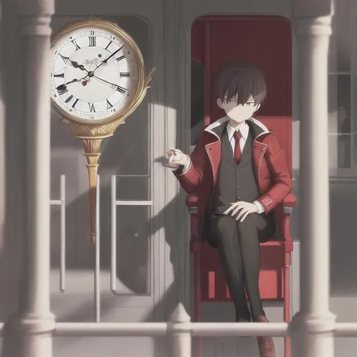 Prompt: Limbus_company, clock_head, bus, sit, dark,head_is_clock,clock_man, red_coat, red_clock_watch, clock_watch_head, red_necktie, dante, head is clock, clock head 