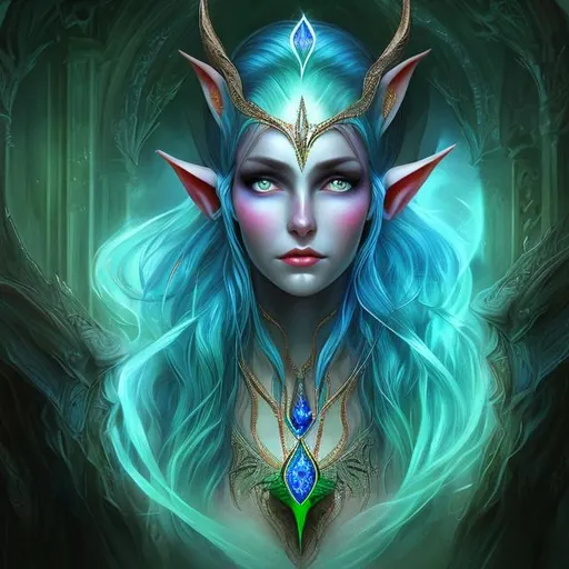 Prompt: Hyper realistic queen of the elves in blue hyper detailed head pendant on forehead in green