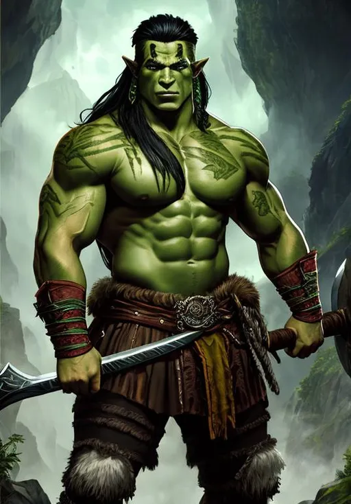 Prompt: UHD, , 8k, high quality, poster art, (( Aleksi Briclot art style)), hyper realism, Very detailed, full body view of a young aged mythical half orc whom is a muscular barbarian, shirtless, scars on skin, green skin holding battle axe on shoulder in a captain morgan pose. mythical, ultra high resolution, light and shading in 8k, ultra defined. 