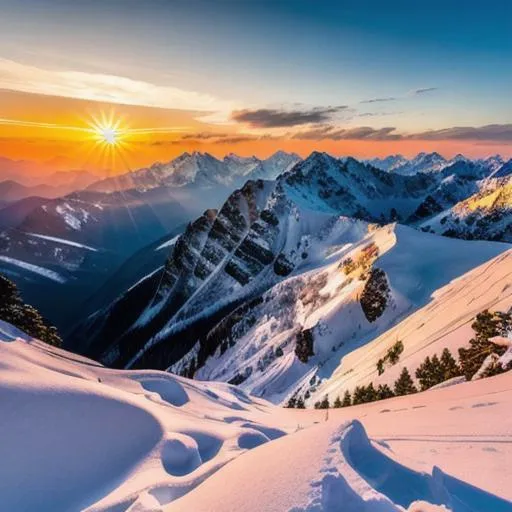 Prompt: View from Himalayas mountain tops, beautiful landscape, masterpiece, lovely colors, mountain tops covered with snow, sunset with the sun above the distant mountains, 4k ultra HD, hyperrealistic, highly detailed 