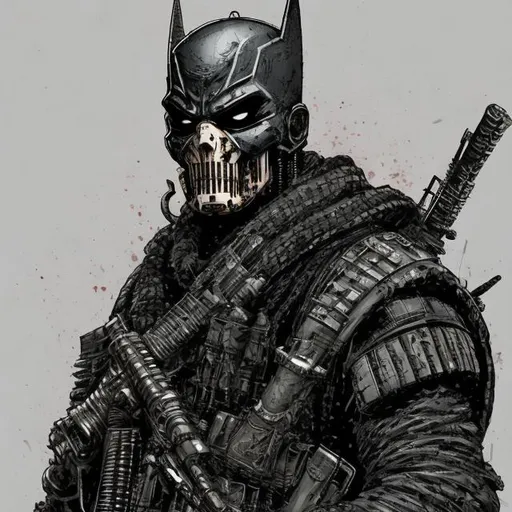 Prompt: Redesigned Todd McFarlane style tough futuristic military commando-trained villain batman punisher spawn. Smoking cigar. Heist. full face mask. Bloody. Hurt. Damaged. Accurate. realistic. evil eyes. Slow exposure. Detailed. Dirty. Dark and gritty. Post-apocalyptic Neo Tokyo .Futuristic. Shadows. Sinister. Armed. Fanatic. Intense. 