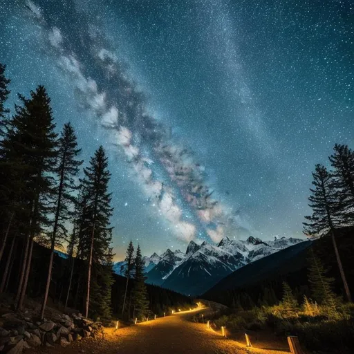 Prompt: Star filled night skies above mountains and a forest path