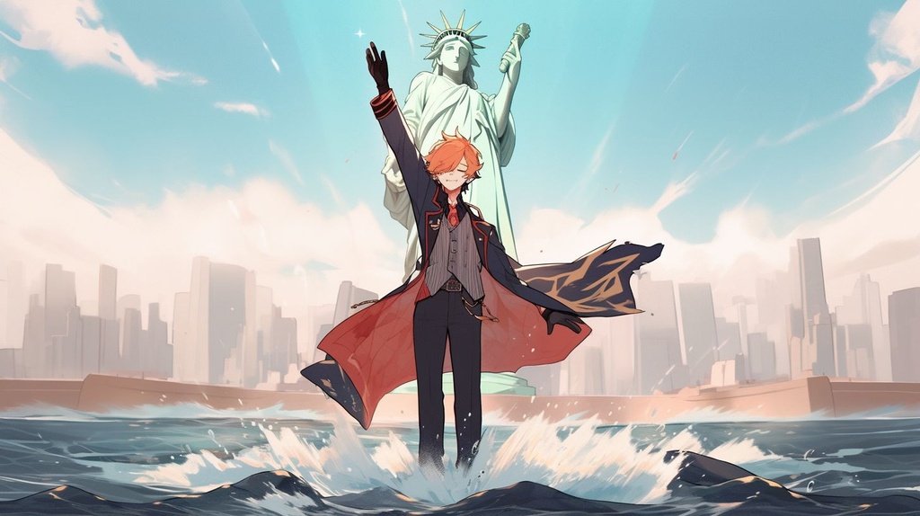 Prompt: Tartaglia from Genshin Impact standing on the top of lady liberty with his hands raised high in the air summoning a huge wave of water, man, messy orange ginger hair falling between the eyes, black trench coat and red vest, red gem earing, red hair mask, two jets fly in the distance behind him, new york city skyline --upbeta --niji 5 --style cute --ar 16:9