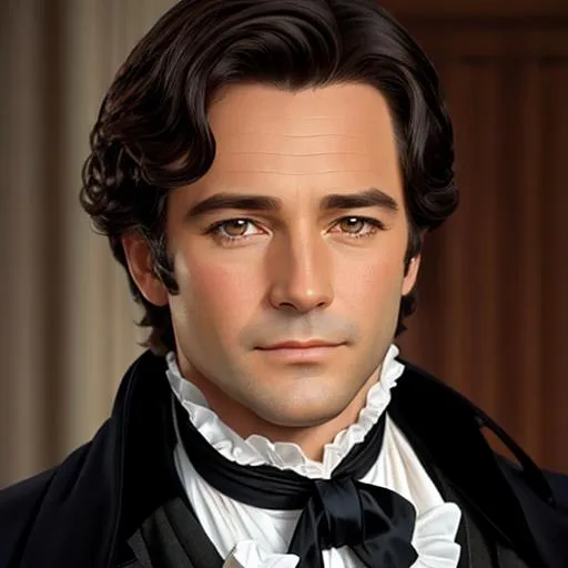 Prompt: Mr. Darcy, a handsome man with dark hair aged 30 years, stylish 18th century clothing, facial closeup