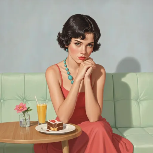 Prompt: A semi-realistic digital painting in a realistic painterly style with natural proportions and detailed facial features. The subject is a high school lounge, the theme is ‘60’s style.  The subject is a high school sophomore, a “high school freshman, 15 years old” girl with fair skin and short, wavy black hair, dressed in clothes too old for her. The girl is sitting on a soft mint green, tufted couch. She has large, expressive green eyes betraying her youth and is wearing bright red lipstick. Her expression betrays her youth, pensive, a false sense of bravado with her chin resting on her right hand. She is dressed in a vibrant watermelon-red party dress and she wears a playful turquoise beaded necklace and matching turquoise earrings. Her left arm rests on a small wooden table in front of her. On the table, there is a glass with a yellow softdrink, a small pink flower in a glass vase, and a plate with a partially eaten birthday cake slice.  The background is a pale grey-blue with a subtle textured surface, giving the image a soft retro, mid-century aesthetic. The overall composition and color palette evoke a sense of youth out of their depth and nostalgia.