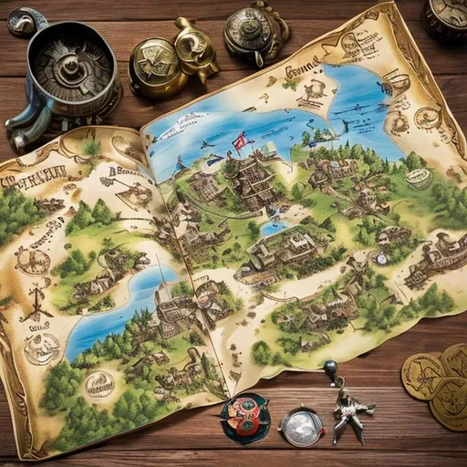 Prompt: Capture the spirit of Stricker adventure with a treasure map, compass, and pirate ship.