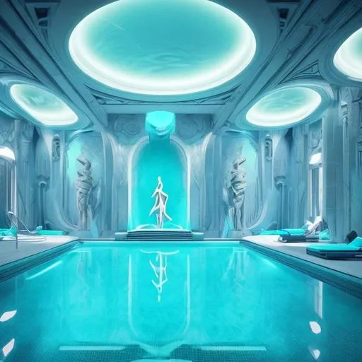 Prompt: an indoor swimming pool with a statue in the middle of it, hyperwave vibes, trending on pintrest, elegant asymmetrical, artemis, cascading highrise, afro - futurist style, female lawyer, rounded ceiling, winged victory, home interior, luxurious neckless, white cyan