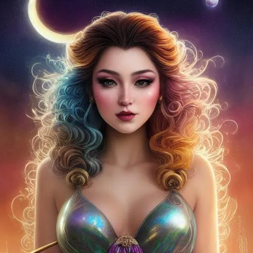 Prompt: A very beautiful woman with hair made of glowing clouds illuminated by the moonlight, freckles shaped as Golden stars, artistic makeup with a metallic iridescent pallette, art by Tom Bagshaw, artgerm, ilya kuvshinov,  Huang Guangjian, Josephine Wall, WLOP, art by Laura Hollingsworth, Andrew Atroshenko, 4k, pretty visuals, aesthetic, artstation, unreal engine, shadow effect, insanely detailed and intricate, highly detailed, shooting stars, iridescent effect to the white clouds.