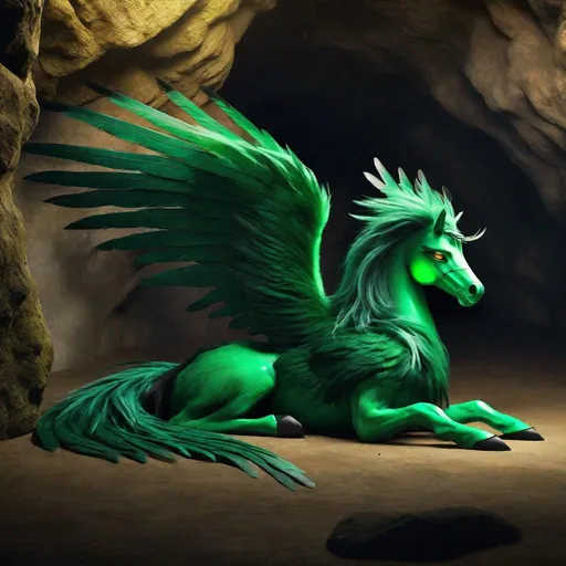 Prompt:  twisted pegasus animatronic hybrid, with focused emerald eyes. They identify as a Male. Emerald colored feathery wings and tail. dark Green ombre mane and tail. UHD, HD, 4K, green haze, green and black coat, lying down in a cave, asleep, resting