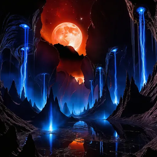 Prompt: An awe-inspiring alien landscape on the planet Vyrathis, centered on colossal multitiered waterfalls. Black luminous fluid (liquid light:2.0) flows powerfully over multiple cliffs, each tier cascading into glowing black pools below before continuing its descent. The liquid shimmers with faint iridescent highlights, creating an ethereal glow that contrasts with the inky darkness of the water. Each tier of the falls is dynamic and fluid, with twisting currents and spiraling eddies that crash into jagged obsidian rocks below (explosive mist, glowing black froth:1.9). The haunting glow of the dark sun (shadowy, radiant darkness:2.0) casts elongated shadows and enhances the surreal beauty of the scene.
The cliffs are adorned with vibrant bioluminescent flora (alien plant species, glowing dark hues:2.0), their radiant colors—electric blues, neon greens, fiery oranges, and deep violets—pulsing softly like living lanterns. Translucent vines and flowers cascade alongside the falls, some intertwining with the black luminous streams, creating a mesmerizing blend of light and motion. Glowing plants grow at the edges of each tier, their light reflected in the shimmering black water, emphasizing the multitiered structure.
The alien fauna are sleek and ethereal, moving gracefully across the tiers of the falls. Some creatures leap effortlessly between the glowing rocks (surreal, weightless motion:1.7), while others hover on faintly glowing wings. Bioluminescent patterns etched into their dark forms glow faintly as they drink from the calmer pools at each tier, their glowing eyes reflecting the dim light of the dark sun. The melodic, haunting calls of the fauna harmonize with the rushing sound of the cascading liquid, adding a sense of life and wonder.
At the bottom of the multitiered falls, a massive glowing pool collects the luminous black liquid, surrounded by towering cliffs covered in alien flora. Behind the lowest tier of the waterfall, a faintly glowing cave (hidden chamber, radiant depths:1.8) beckons, its light pulsating like a living entity. The scene is filled with dynamic motion, radiant contrasts of light and shadow, and the surreal beauty of cascading liquid light across multiple levels, capturing the otherworldly majesty of Vyrathis.