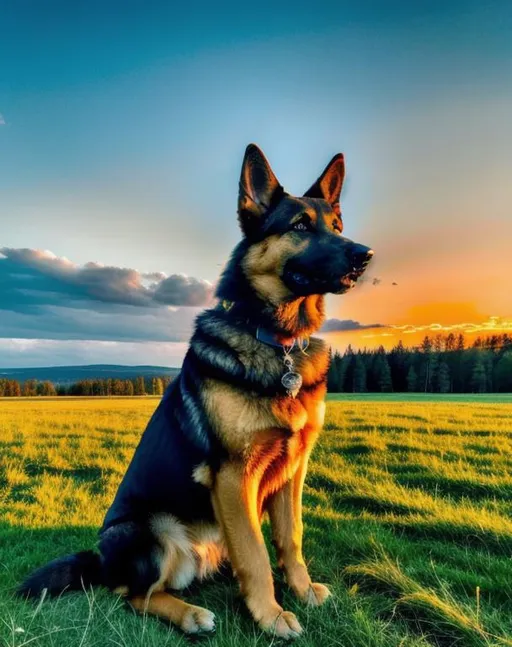 Prompt: A powerful German Shepard Sitting On A Vast meadow with  emphasis on the yellows and a beautiful sunset behind with green landscape