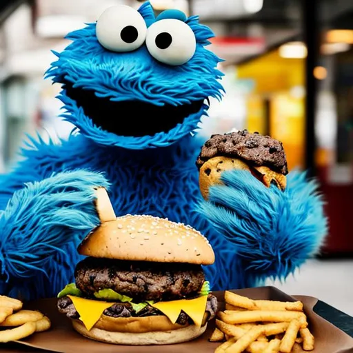 Prompt: cookie monster eating cheeseburgers
