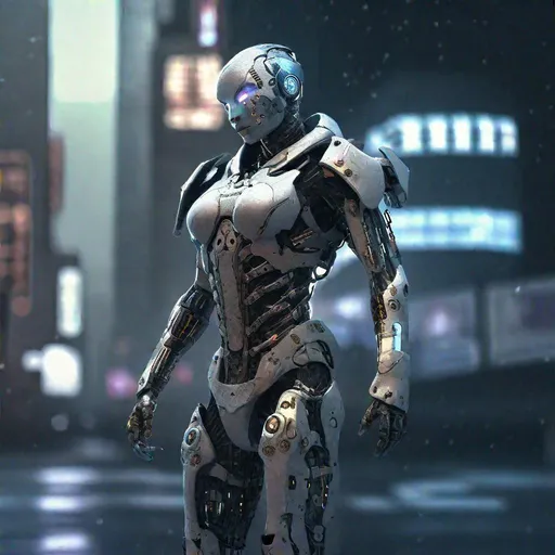 Prompt: A full-body view of a man cyborg warrior. His body is armored with an exoskeleton, robotic limbs exposed by the scarred openings. Glowing optics analyze data as she surveys the stark, dystopian cityscape. The sky behind him is dense with smog and holographic advertisements. Photographed with wide dynamic range for detail in shadows/highlights. The mood is post-apocalyptic, hyper-urbanized.